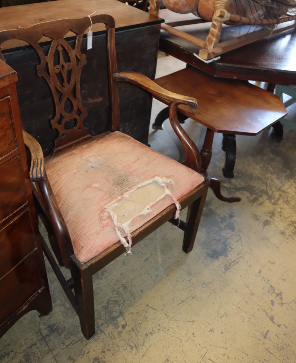 A George III mahogany elbow chair and a George III octagonal mahogany wine table, table W.46cm, D.53cm, H.67cm